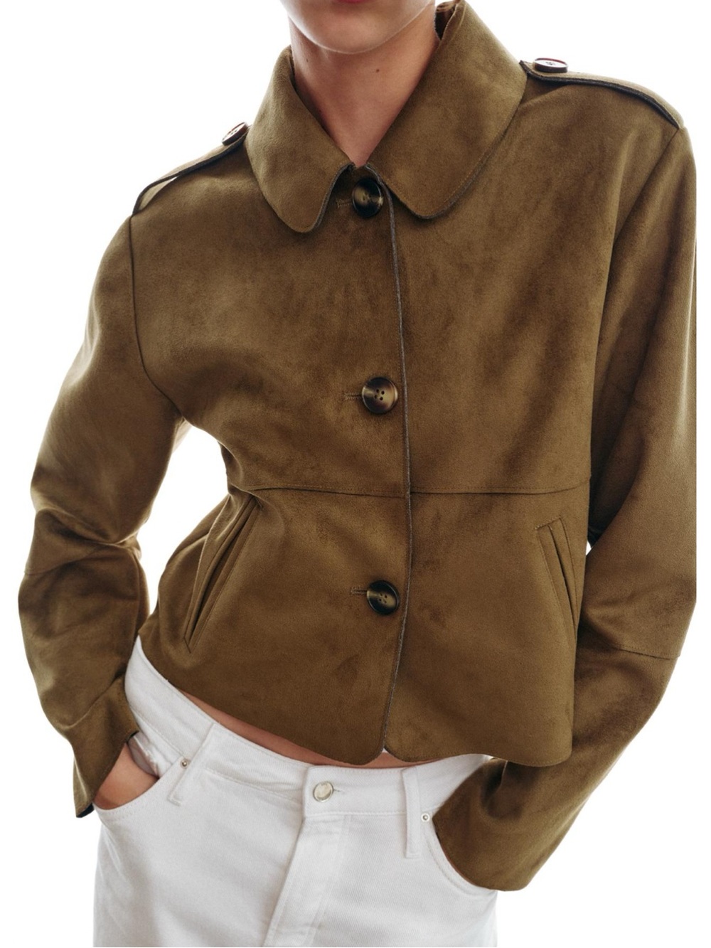 ZARA CROPPED FAUX SUEDE JACKET DARK KHAKI BROWN 3046/033 XS